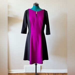 Elegant Tahari Black and Magenta Knee Length Dress with 3/4 Sleeves